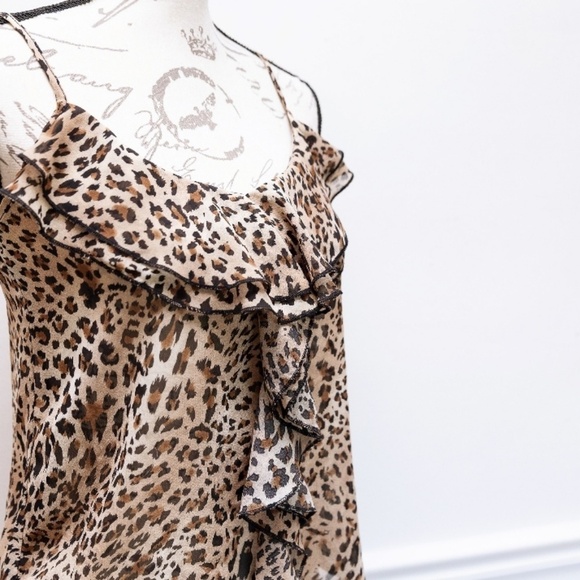 Womens Cheetah sheer tank top Leopard animal print brown cami ruffle S 💖‎2/$30 - Picture 8 of 9